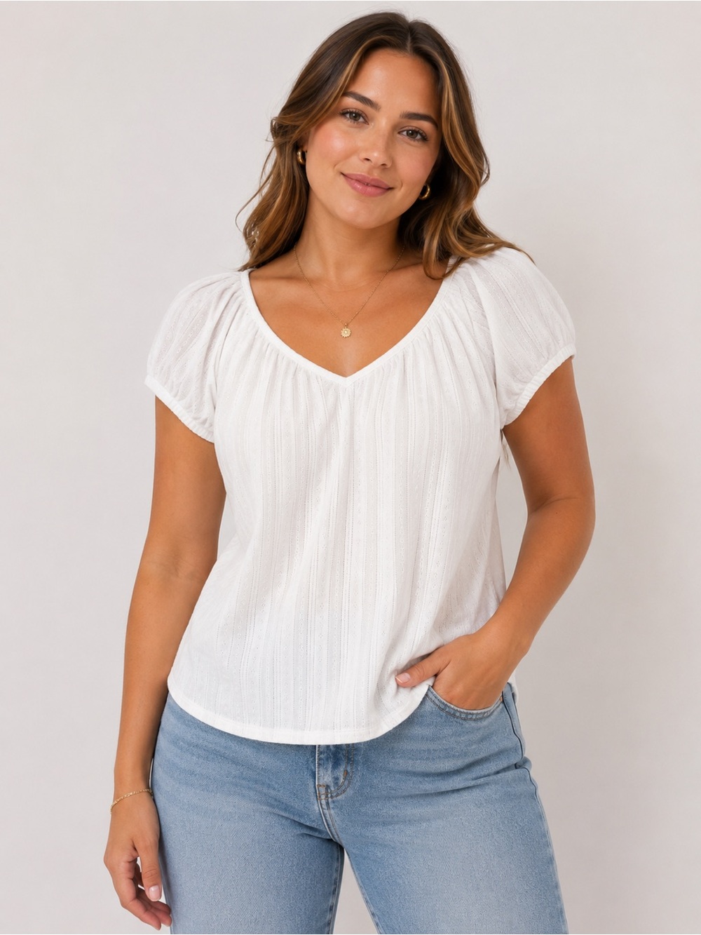 GAP Outlet White Ribbed Puff Sleeve Top Size M Stretch Knit